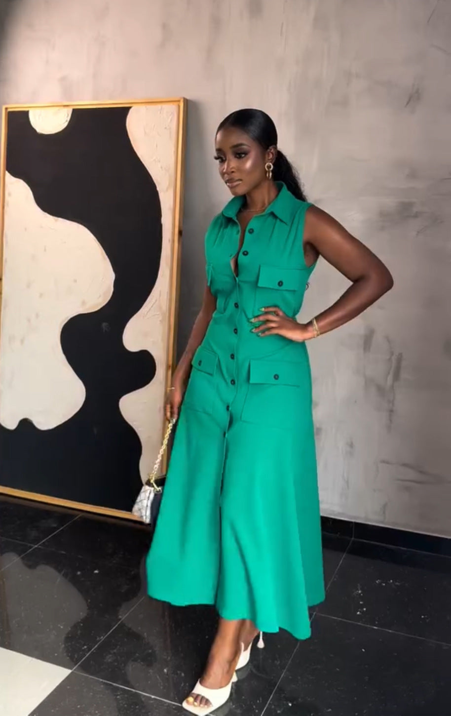 Women Summer Turndown Collar Sleeveless Patch Pocket Dress 5