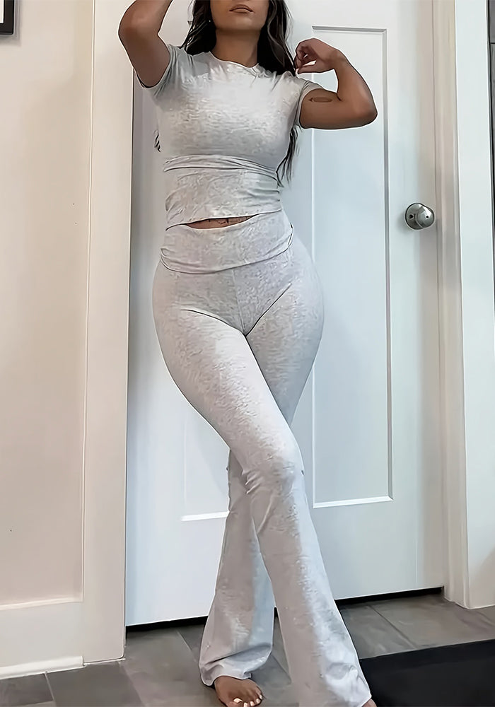 Women Casual Solid Short Sleeve Top and Pants Two Piece Set