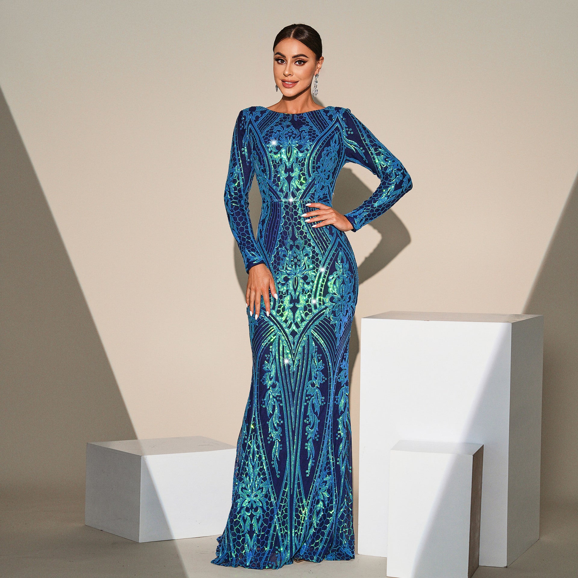 Long Sleeve Round Neck Sequin Mesh Formal Party Evening Gown Long Bridesmaid Dress