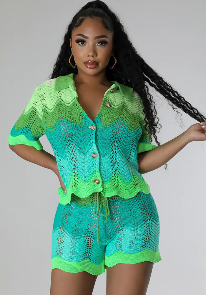 Women spring knitting short-sleeved Top and shorts Casual two-piece set 3