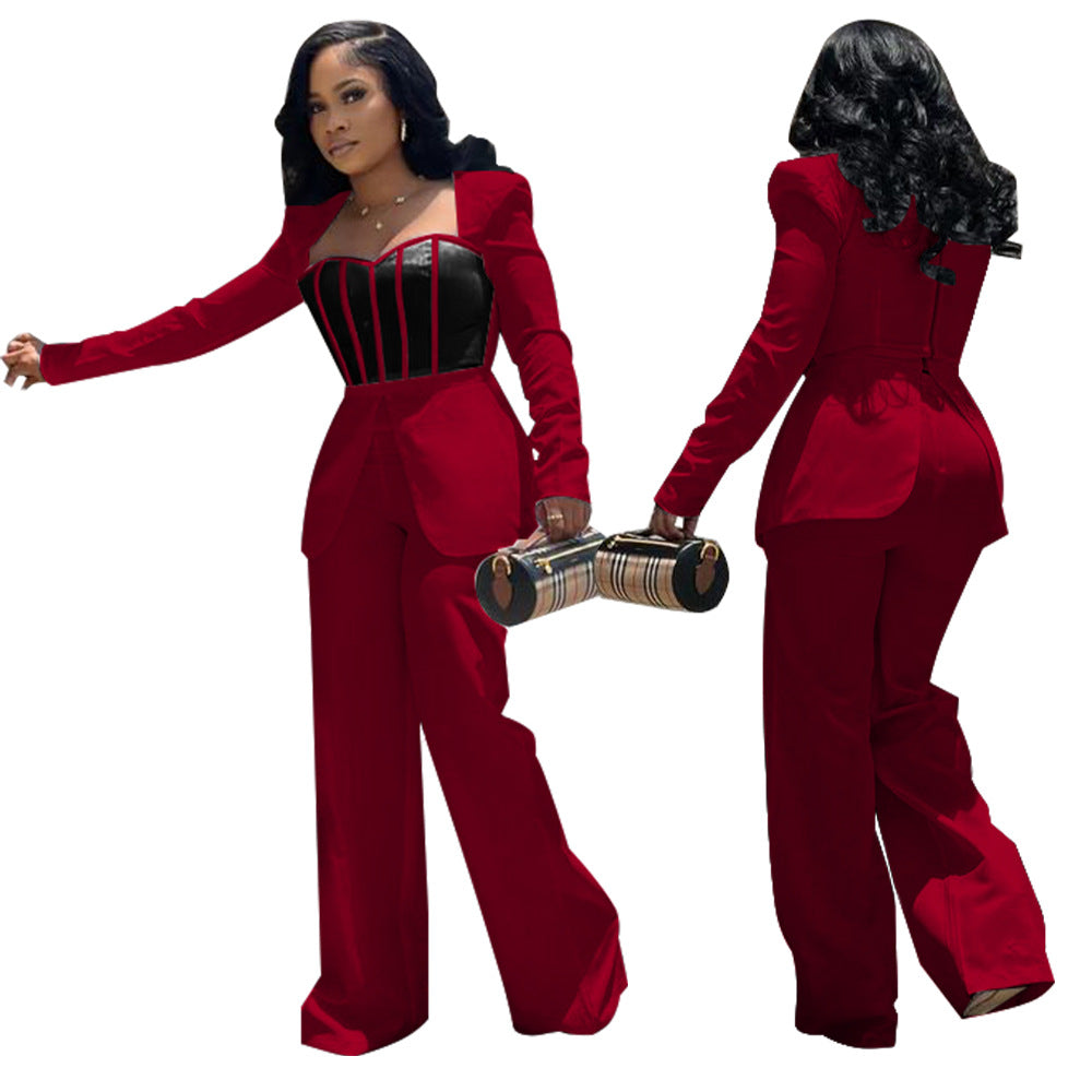 Women's Sexy Slim Waist Contrast Patchwork Long Sleeve Wide Leg Jumpsuit 8