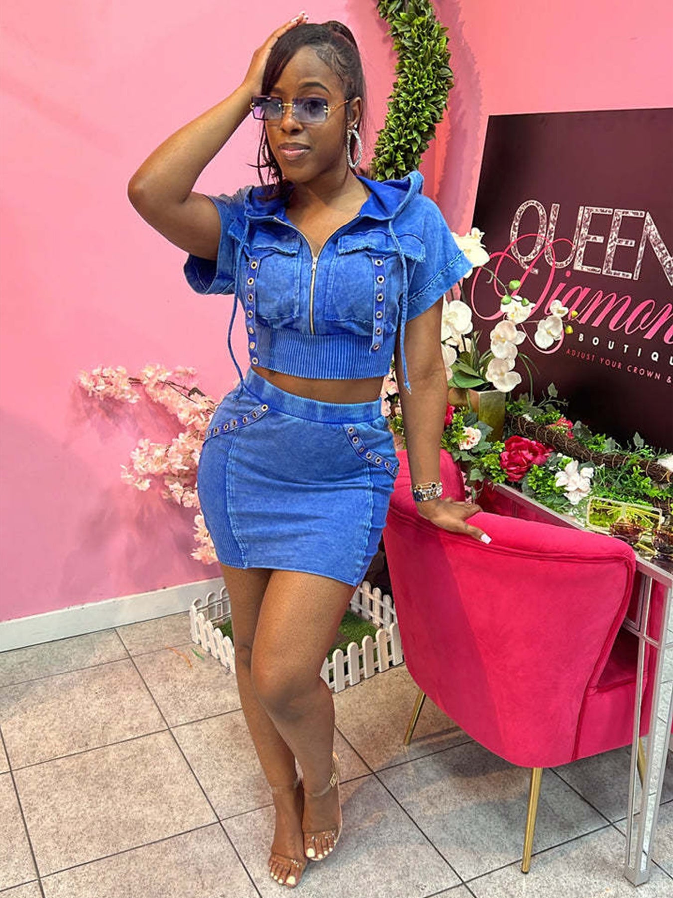 Women Washed Bat Sleeves Hooded Crop Top and Skirt Two-piece Set 4