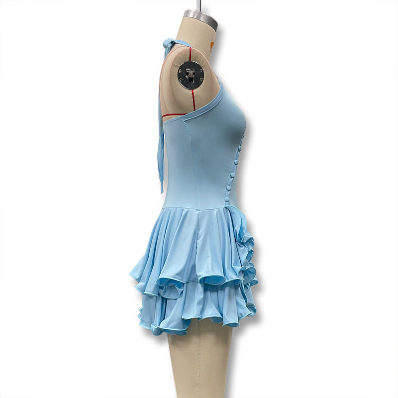 Summer Halter Neck Single-Button Ruffled Mini Dress 21