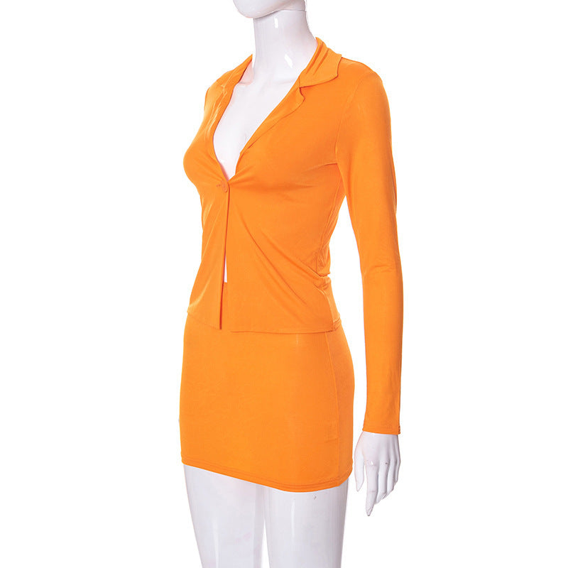 Women's Autumn Solid Turn-Down Collar Long Sleeve T-Shirt Bodycon Skirt Two-Piece Set 7