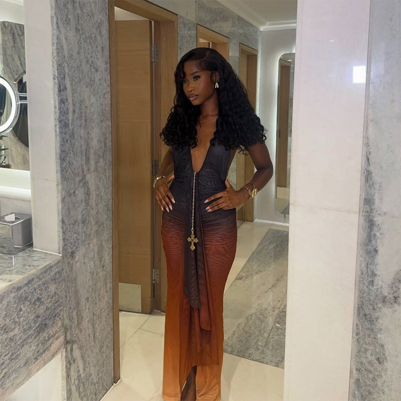 Women Contrast Color Sexy V Neck Backless Dress 6