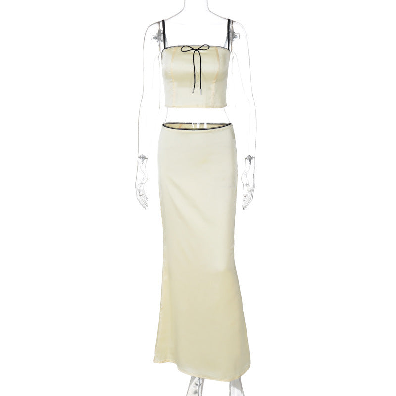 Spring Women's Solid Color Slim Crop Camisole High Waist Skirt Two Piece Set 6