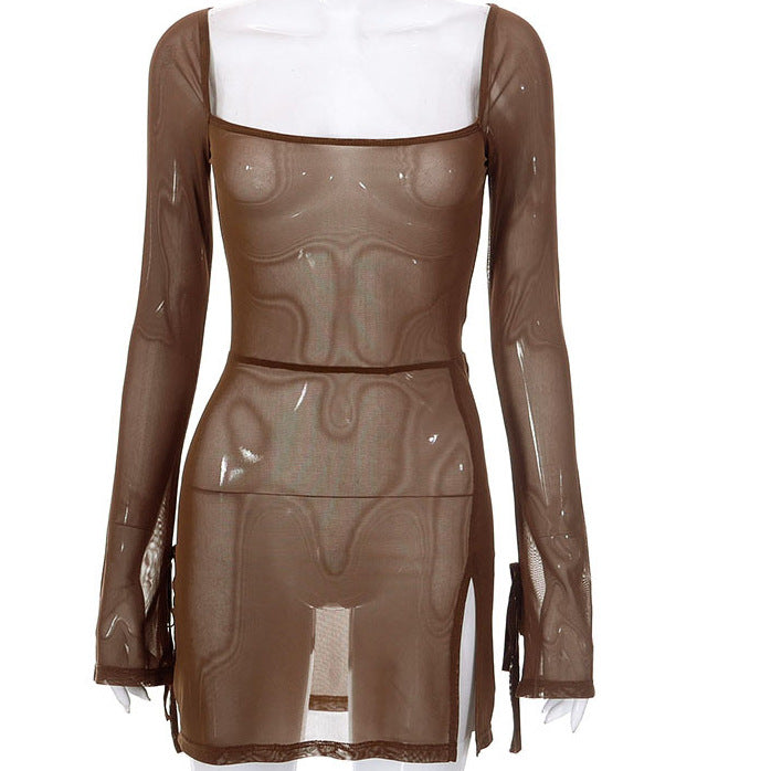 See-Through Mesh Long Sleeve Dress Sexy Beach Cover Up 3