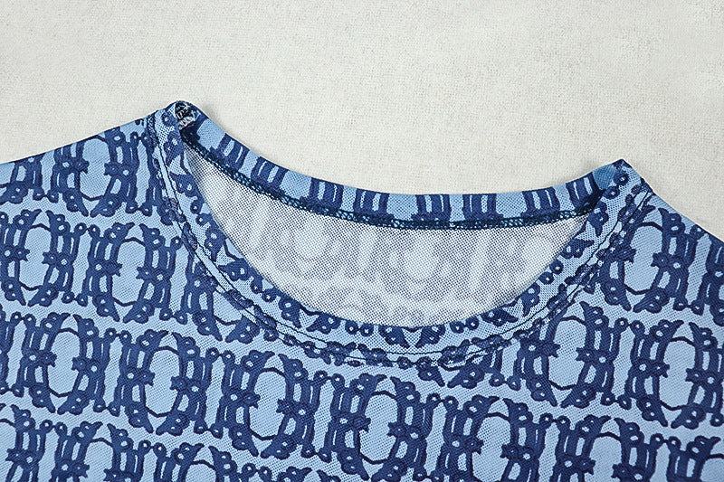 Women's Summer Print Street Round Neck Long Sleeve Slim Waist Sheer A-Line Dress 11