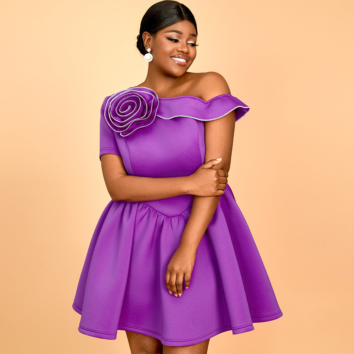 Summer Slash Shoulder Floral Slim Waist Plus Size A-line Party Dress 3