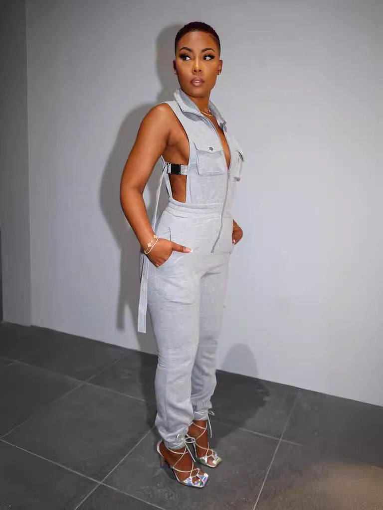 Women spring and summer zippered sleeveless fleece Cargo Jumpsuit 5