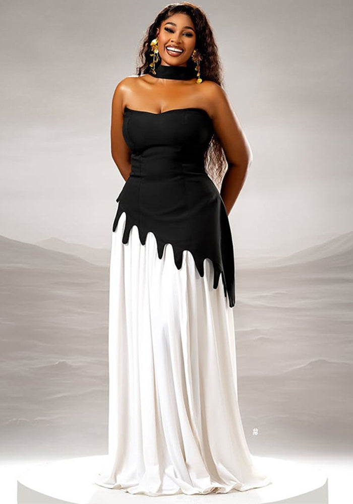 Women contrast color Patchwork Strapless asymmetric dress