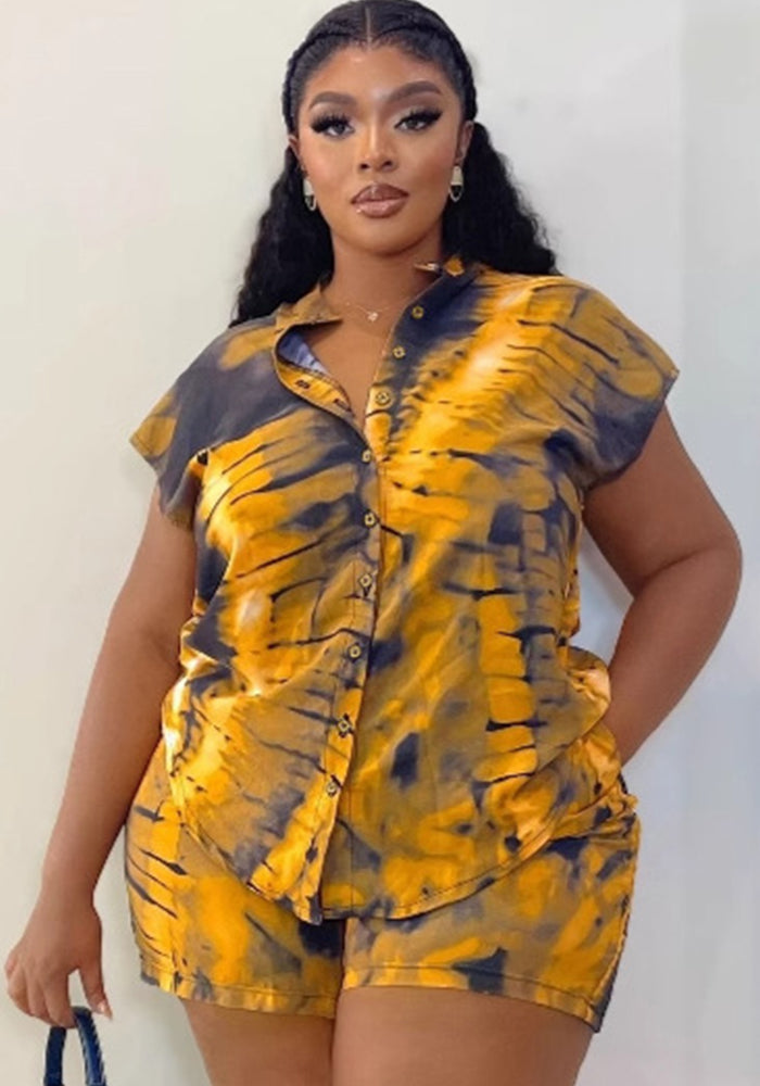 Women's Short Sleeve Turndown Collar Plus Size Print Shirt Casual Shorts African Fashion Loose Two-Piece Set