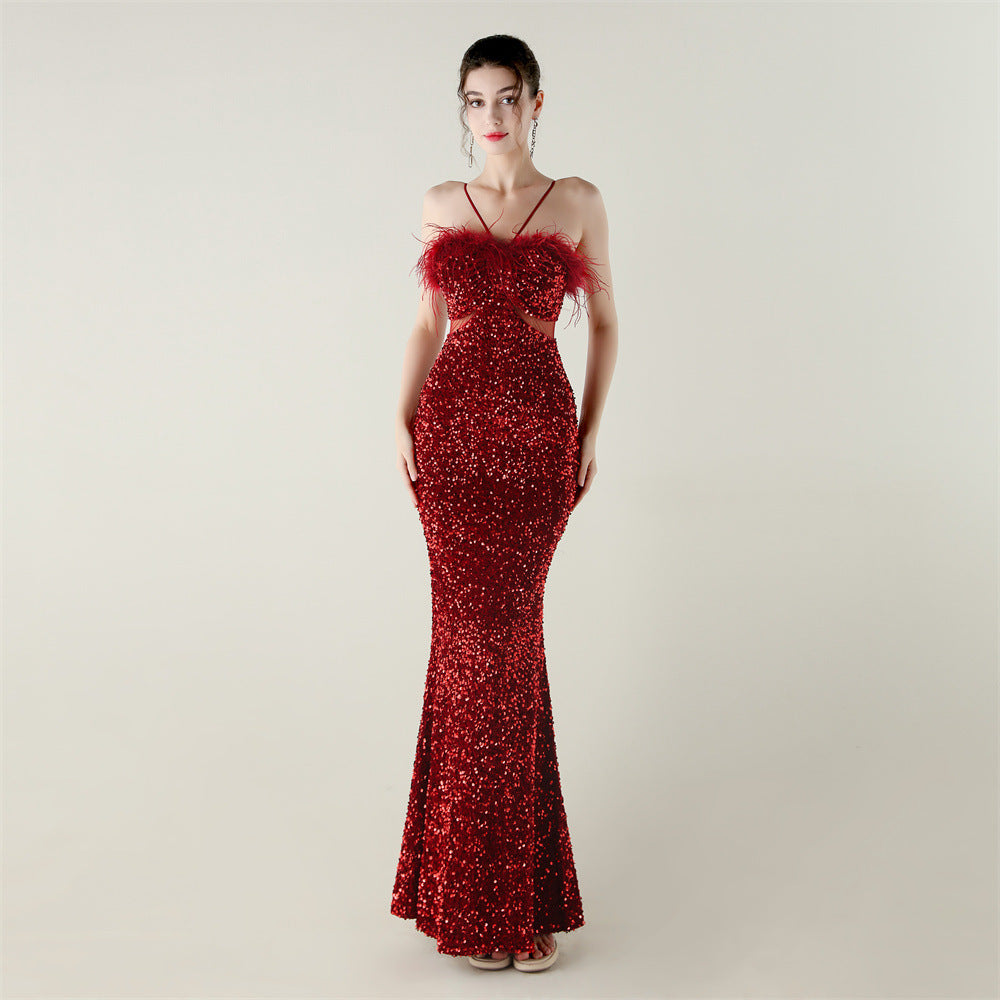 Velvet Sequin Feather Fishtail A-Line Evening Gown 5