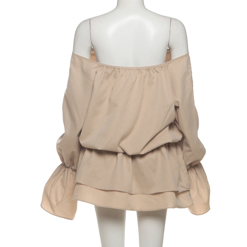 Women's Autumn Sexy Solid Color Off Shoulder Low Back Loose Lace-up Belt Bell Sleeve Dress 12