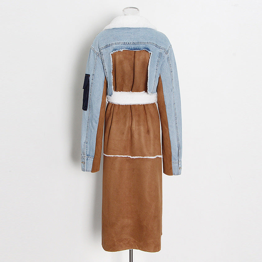 Women Autumn/Winter Turndown Collar Long Sleeve Lace-Fly Lamb Maxi Colorblock Denim Coat 13