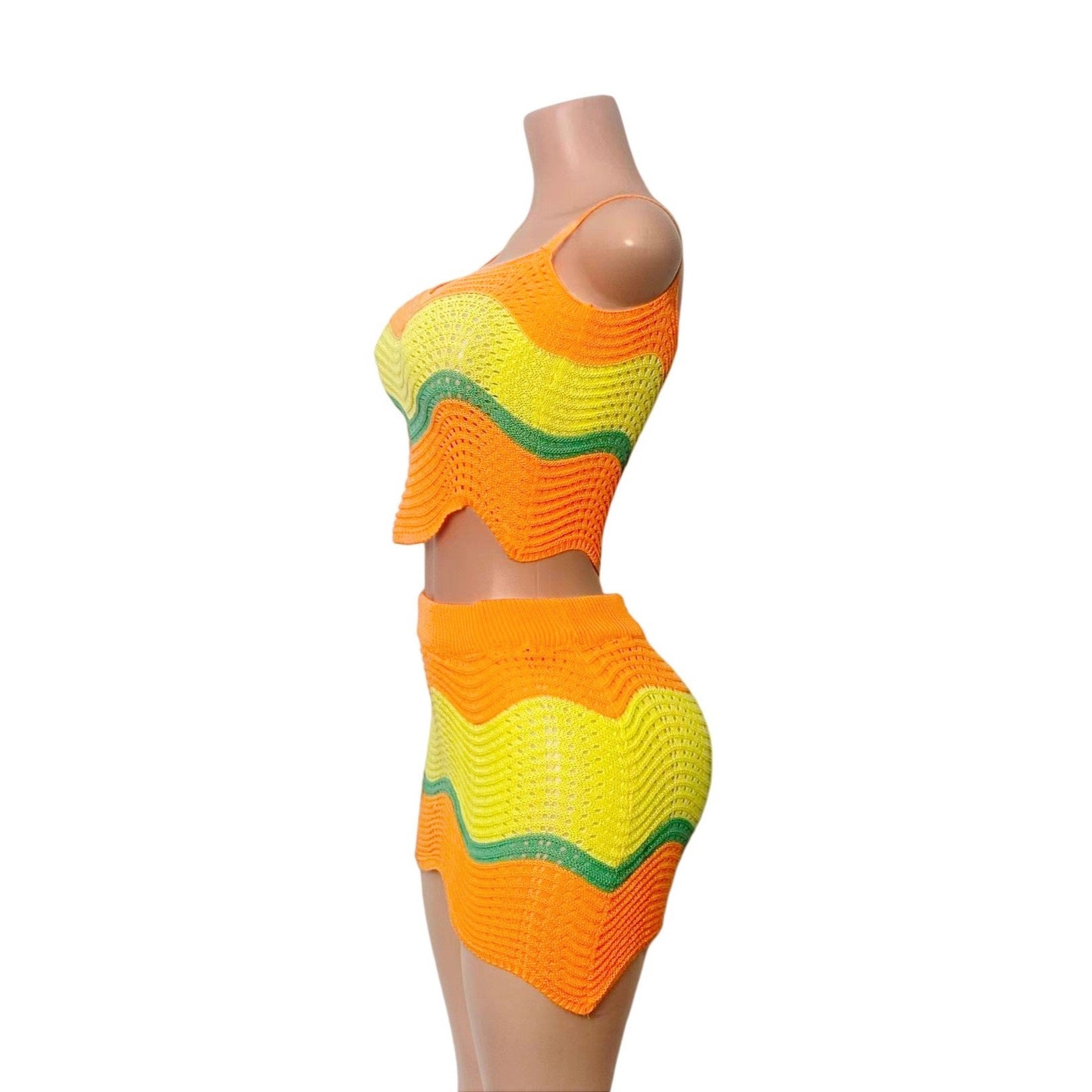 Women Holiday Multi-Color Knitting halter top and skirt with wavy pattern and hollowed-out lace. 9