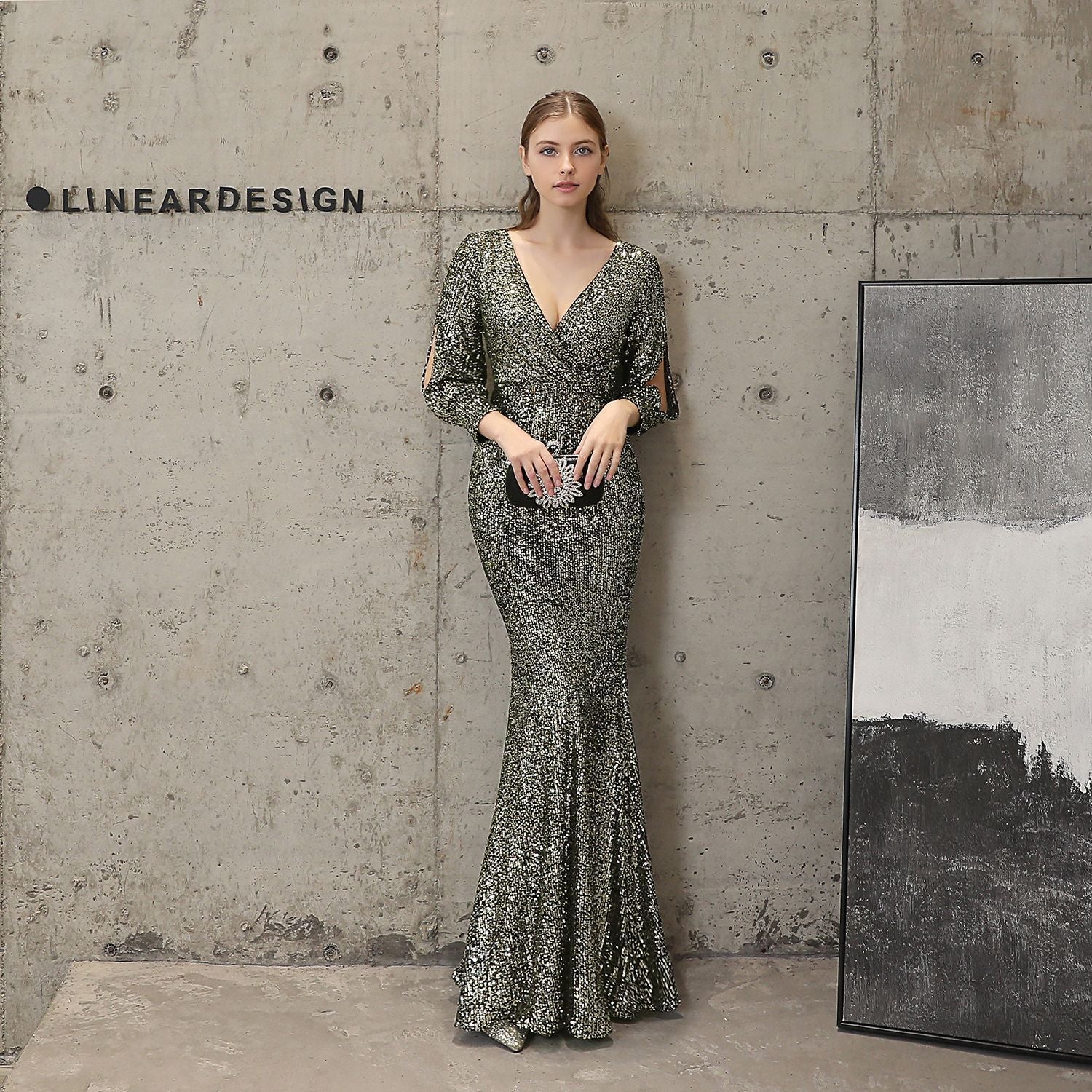 Women Formal Party Elegant Long Sleeve Sequin Fishtail Evening Dress 25