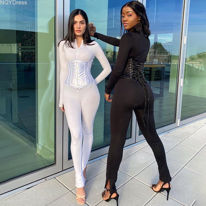 Women's Autumn Solid Color Corset Zipper Tight Fitting Casual Jumpsuit Two Piece Set 8