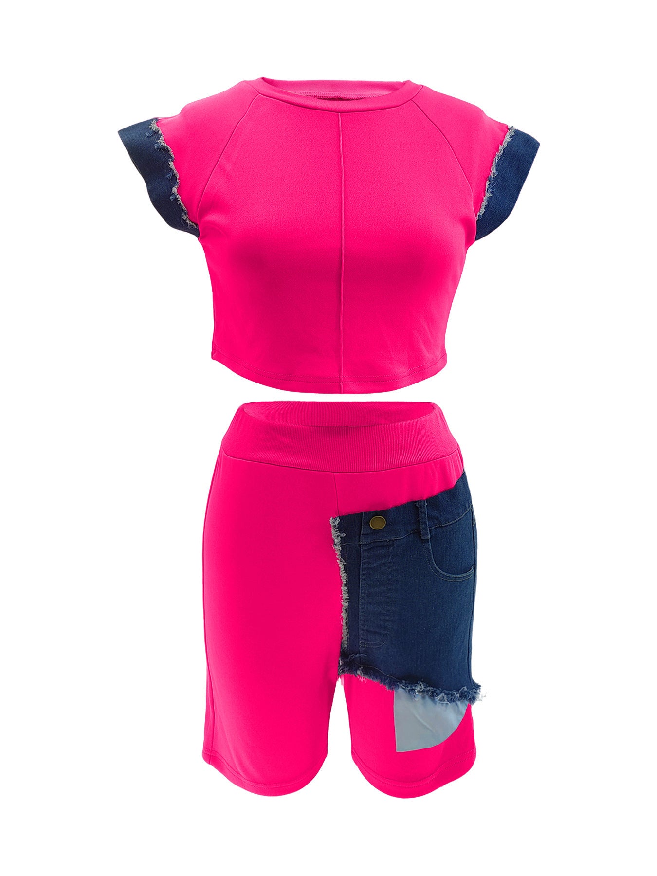 Women Casual Denim Patchwork Short-sleeved Top and Shorts Two-piece Set 21