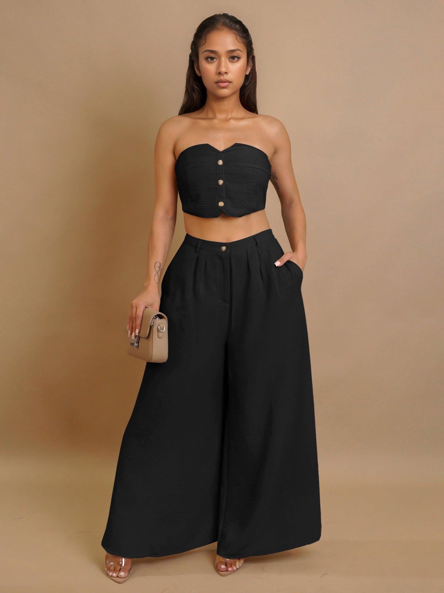 Women sexy sretchy strapless vest and wide-leg pants two-piece set 8