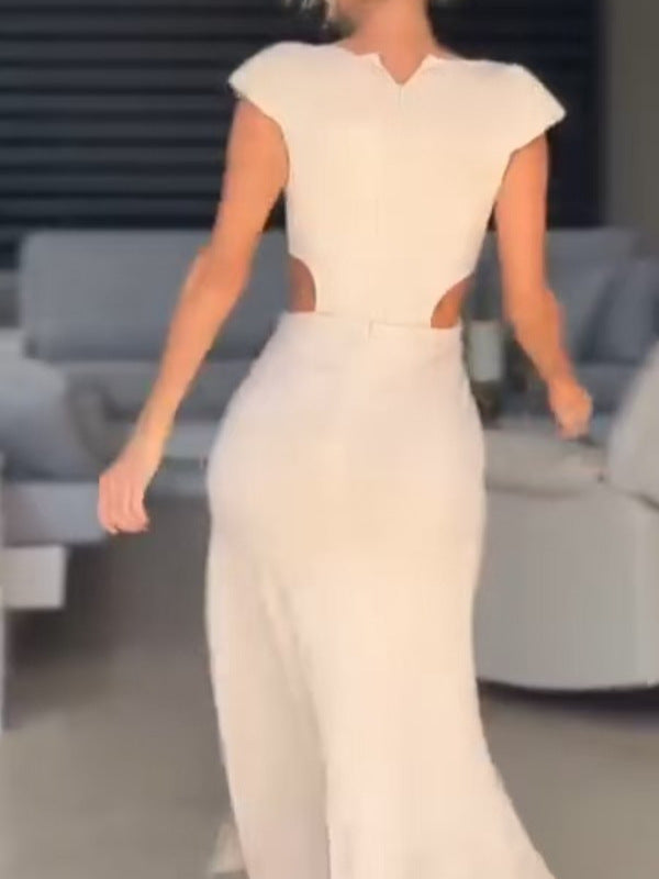 Women's Chic Elegant V-neck Sleeveless Slit Hollow Slim Waist Slim Evening Dress 4