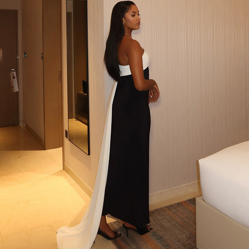 Women's Black-White Contrast Off-Shoulder Low-Back Slit Dress 4