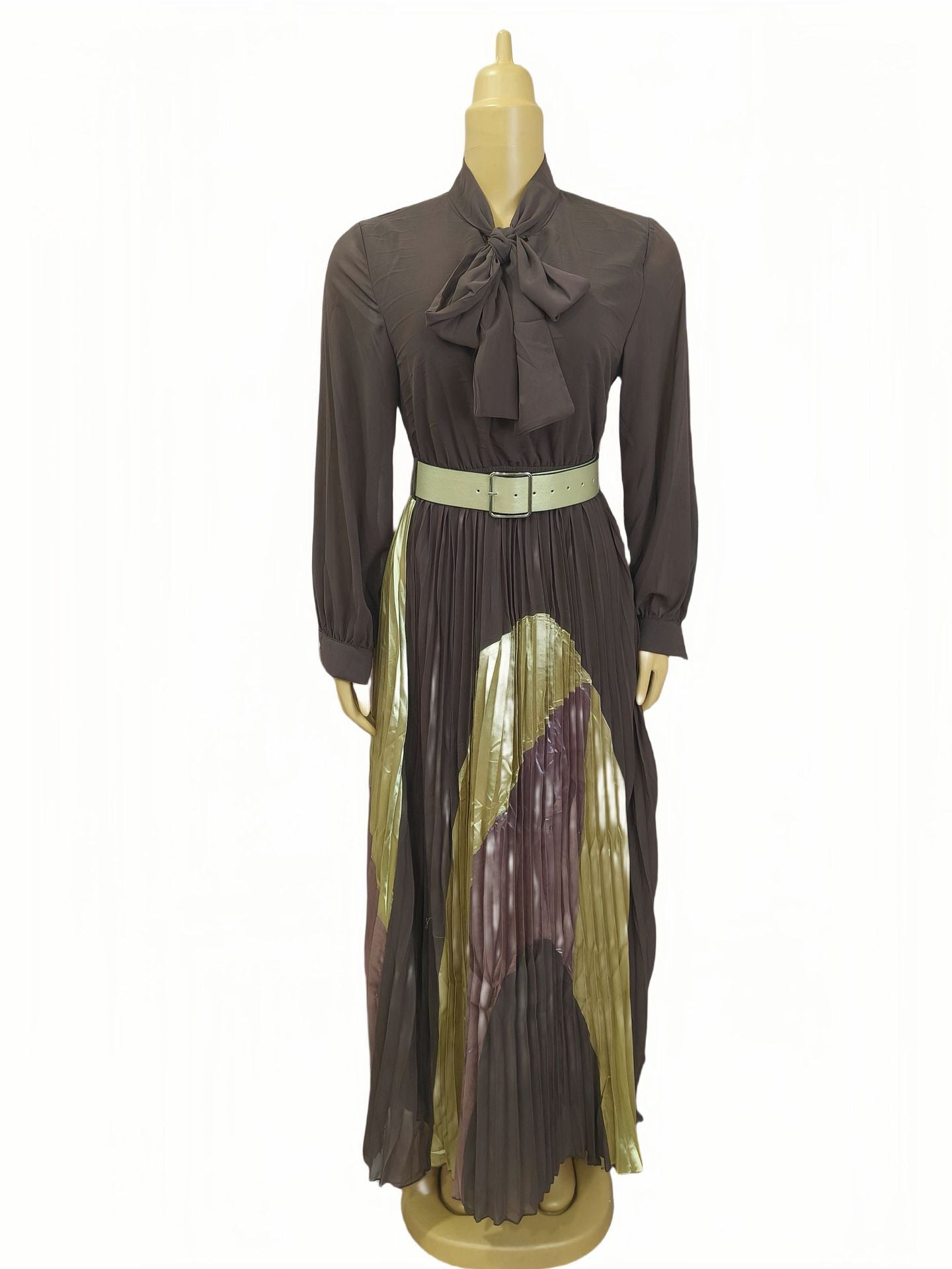 Plus Size African Women Lace-Up Long Sleeve Color Block Pleated Elegant Dress 4