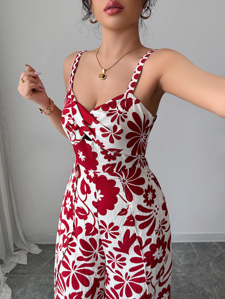 Women Spring and Summer Chic Elegant Knot Printed Small Suspender Wide Leg Jumpsuit 4