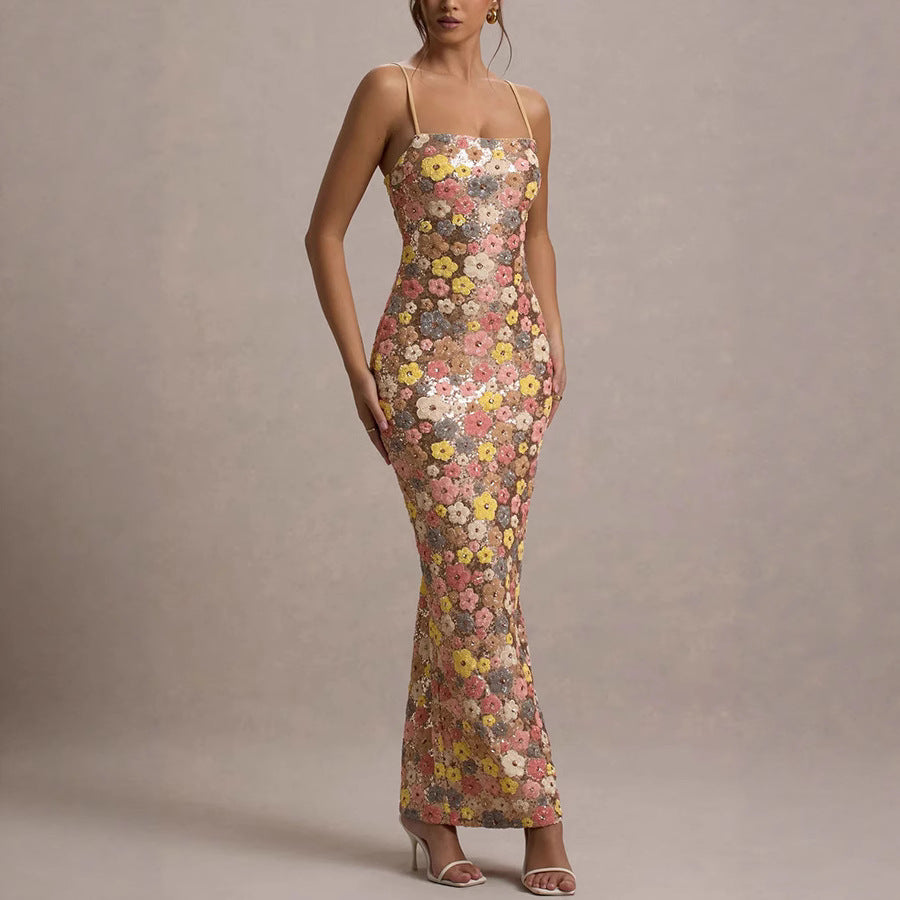 Spring-Summer Strappy Sequin-Embellished Casual Party Slim Long Dress 4