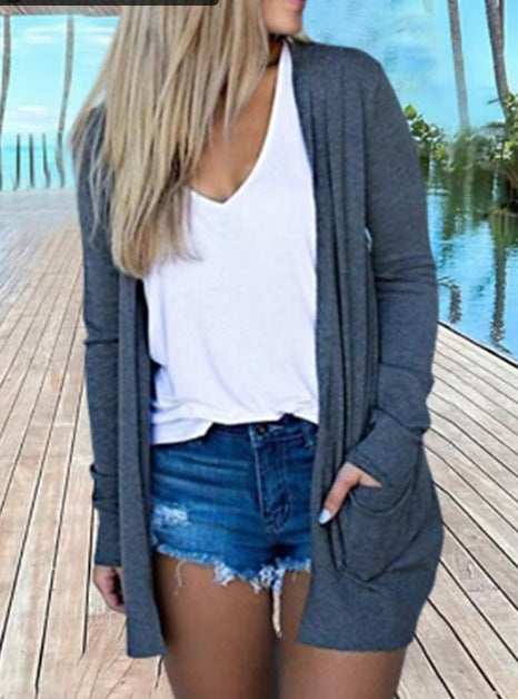 Women's Autumn And Winter Solid Color Long Sleeve Knitting Pocket Cardigan