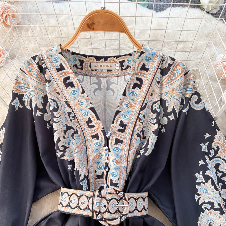 Women Spring French Vintage Print Single-Breasted V-Neck Lantern Sleeve Maxi Dress 16