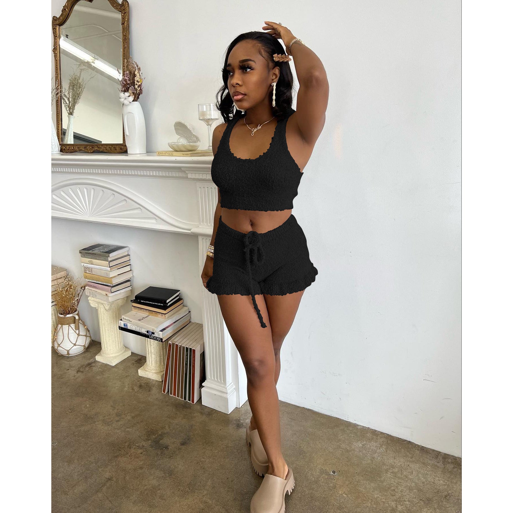 Ladies Spring Summer Stylish Fleece Comfort Tank Top Shorts  Two Piece Set 3