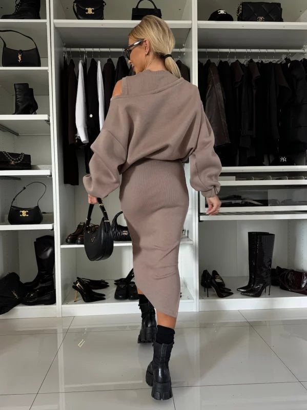 Autumn Loose Off Shoulder Bat Sleeves Top Long Skirt Two Piece Set For Women 9