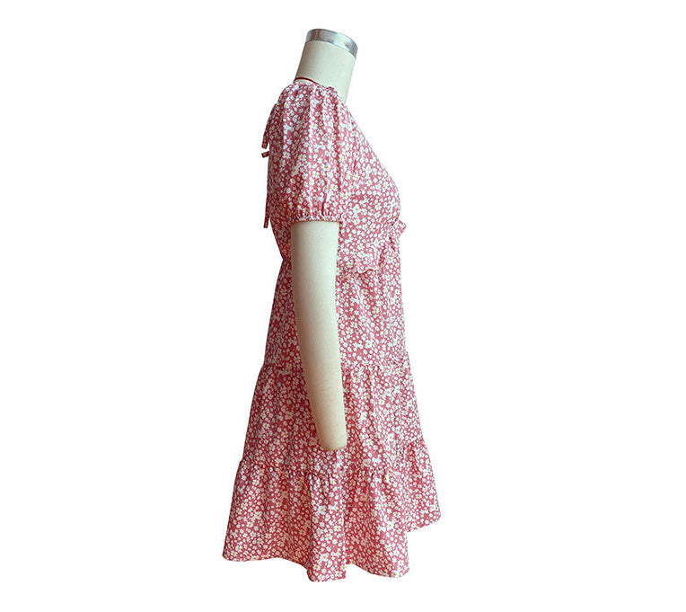 Women Floral Dress Pink Ruffle Patchwork Pleated Dress 7