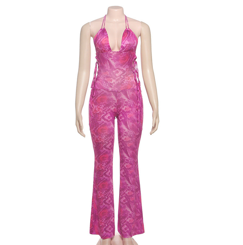 Spring Fashion Sexy Hollow Print Low Back Halter Neck Slim Fit Jumpsuit 6