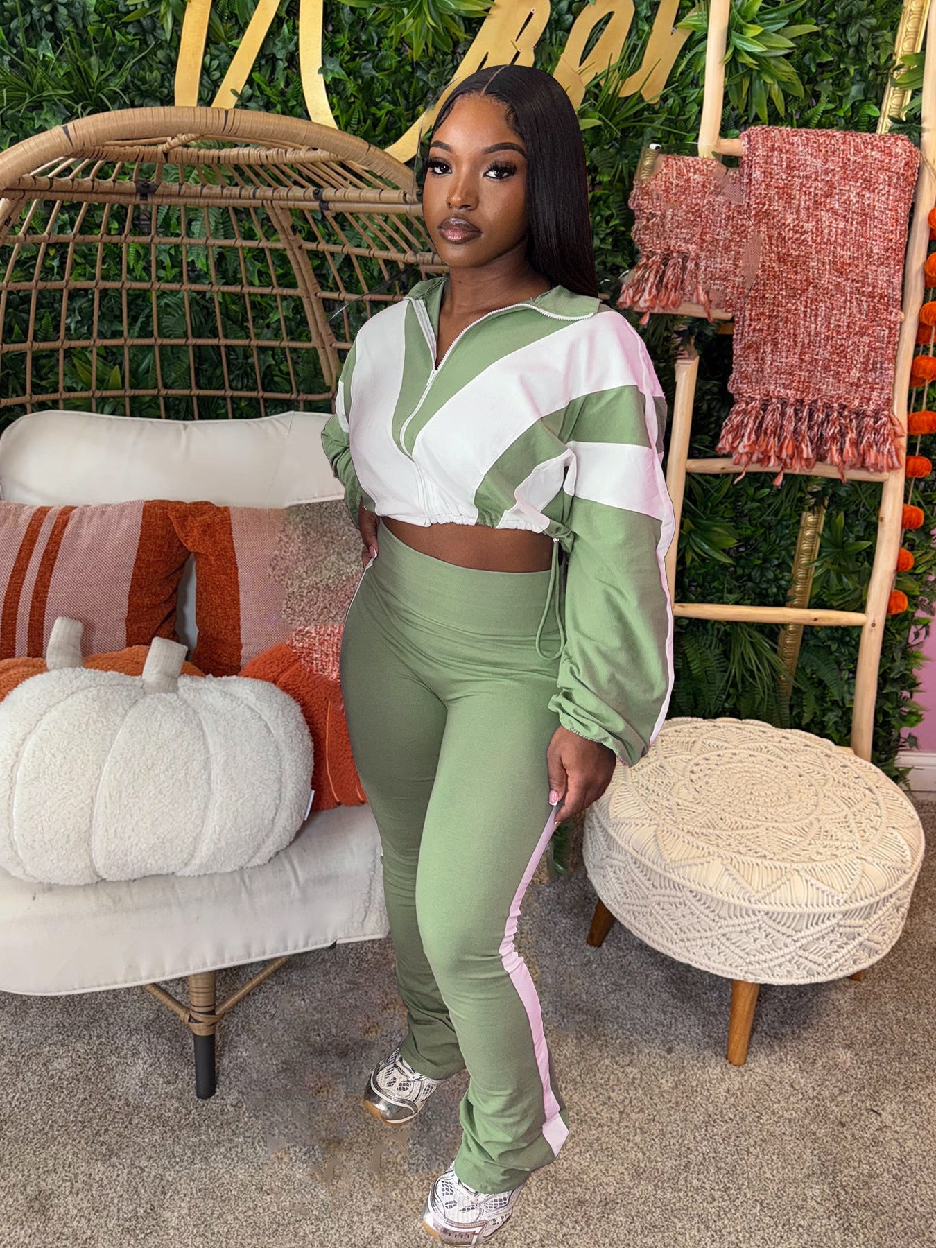 Women’s Casual Sportswear Color Block Slim Waist Two-Piece Jogger Set 5