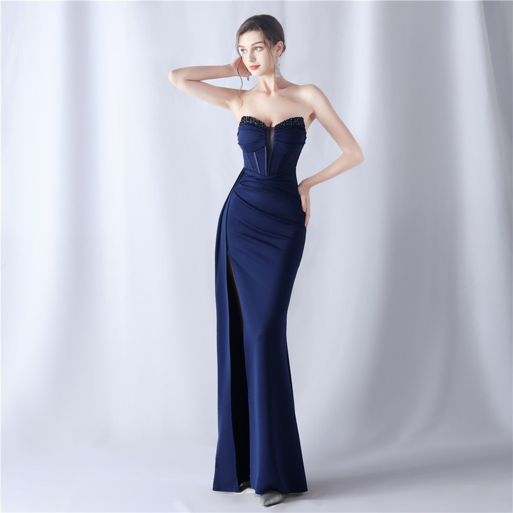 Women fishbone beaded high-end slit evening dress 7