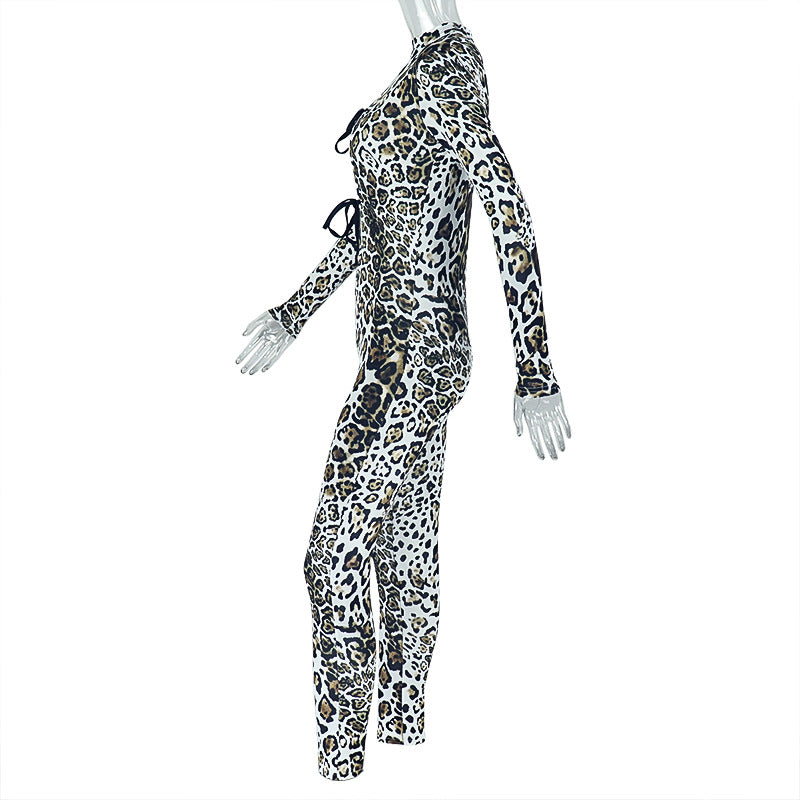 Women's Leopard Print Hollow-Out Sexy Long Sleeve Tight Slim Jumpsuit 7