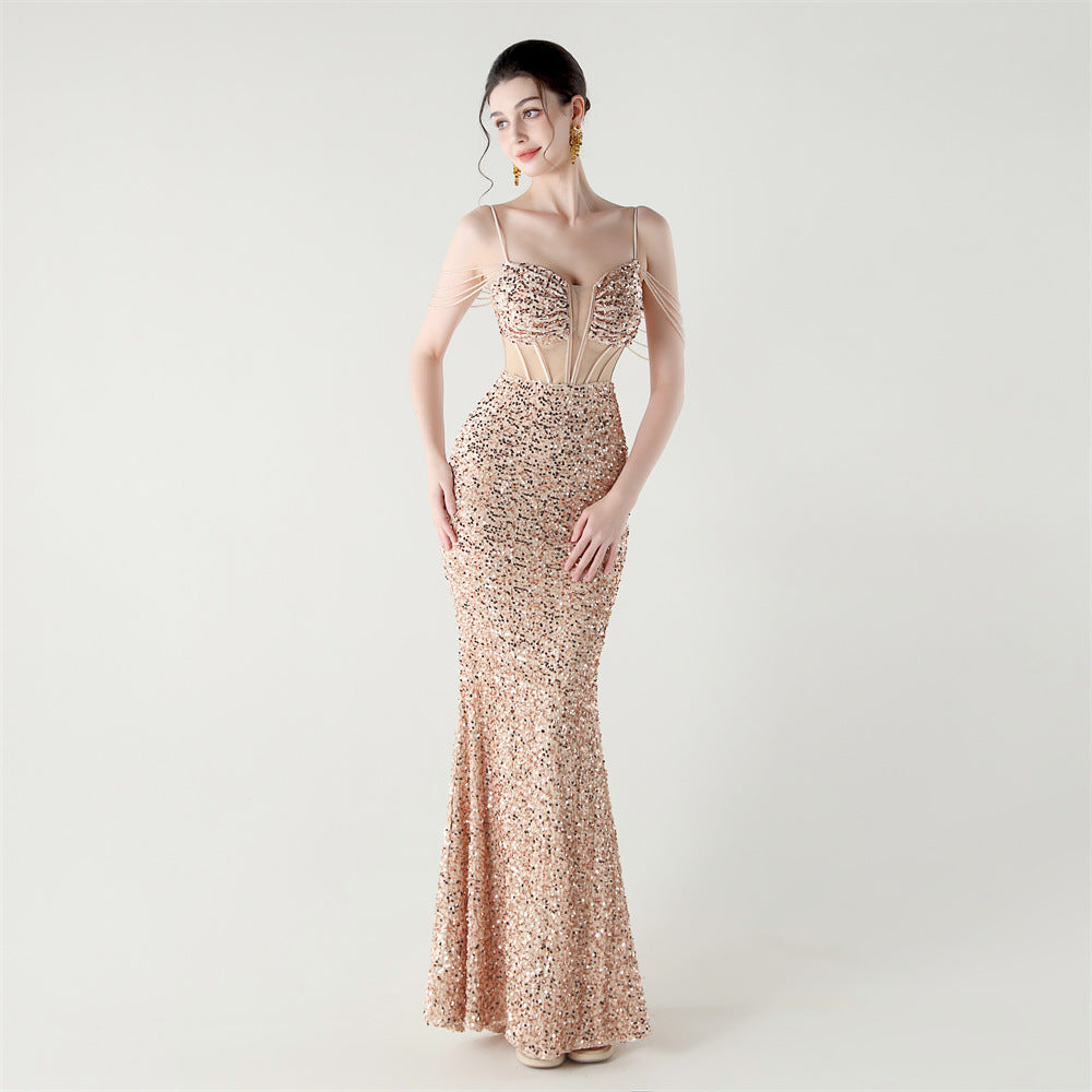 Women herringbone Lace-Up wrapped chest formal Formal Party sequined evening dress 14