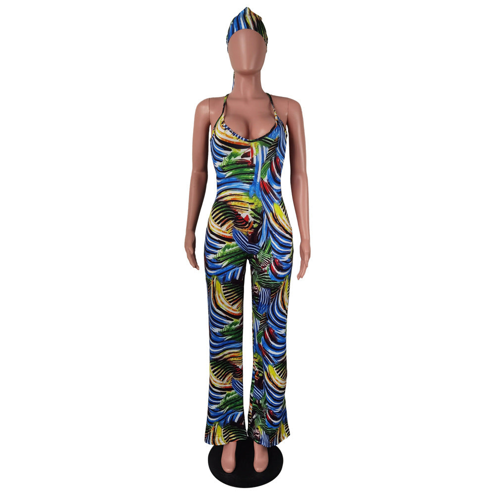 Women's Summer Sleeveless Straps Painted Print Low Back Long Jumpsuit With Bandana 9