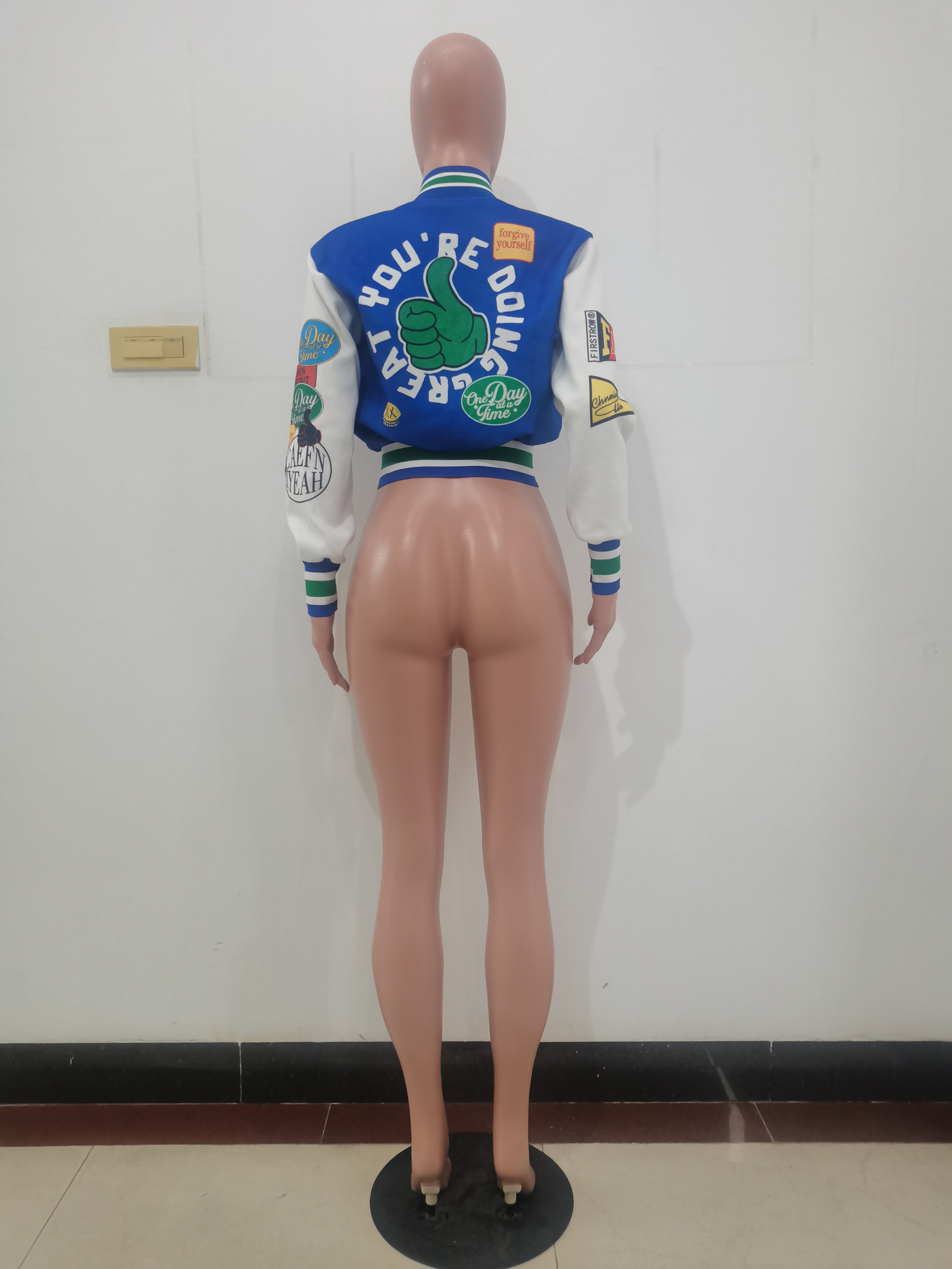 Positioning Print Ribbed Fashion Women's Top Baseball Jacket 22