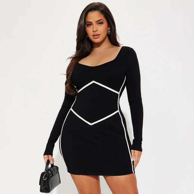 Spring Women's Long Sleeve Contrast Color Tight Fitting Bodycon Short Dress 5