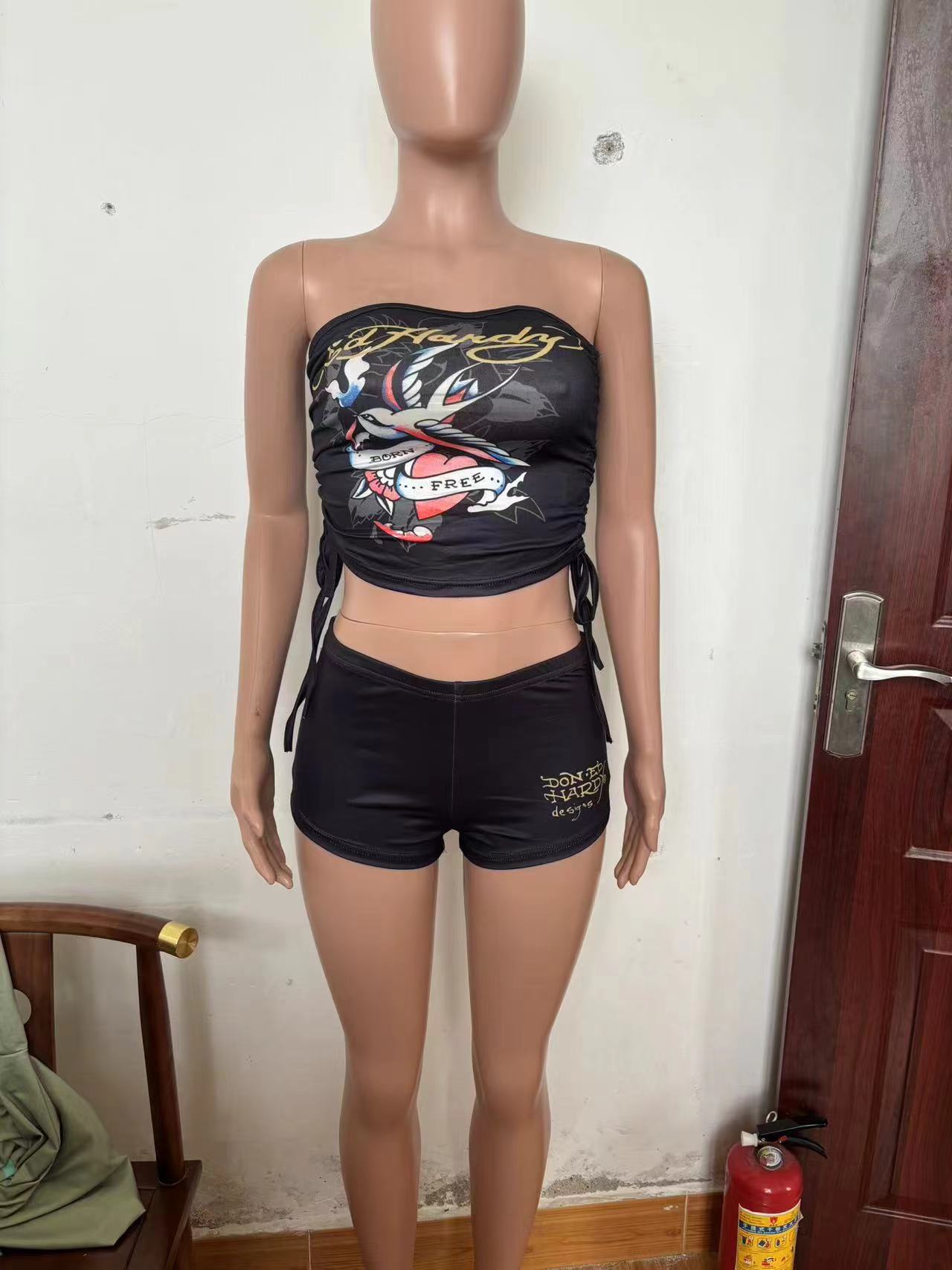 Women Print Chest wrap Top and shorts two-piece set 36