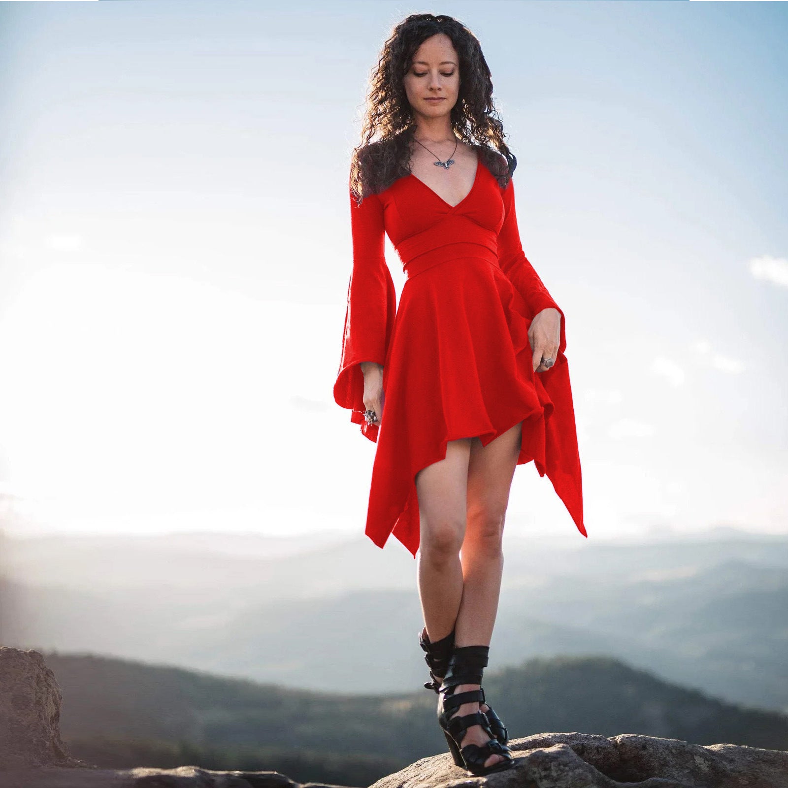 Women's Sexy Deep V Slim Ruffle Sleeve Irregular Dress 15