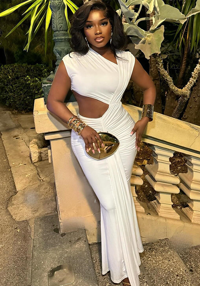 Women's Fashion Solid Color Slash Shoulder Sleeveless Ribbon Fishtail Chic Long Dress