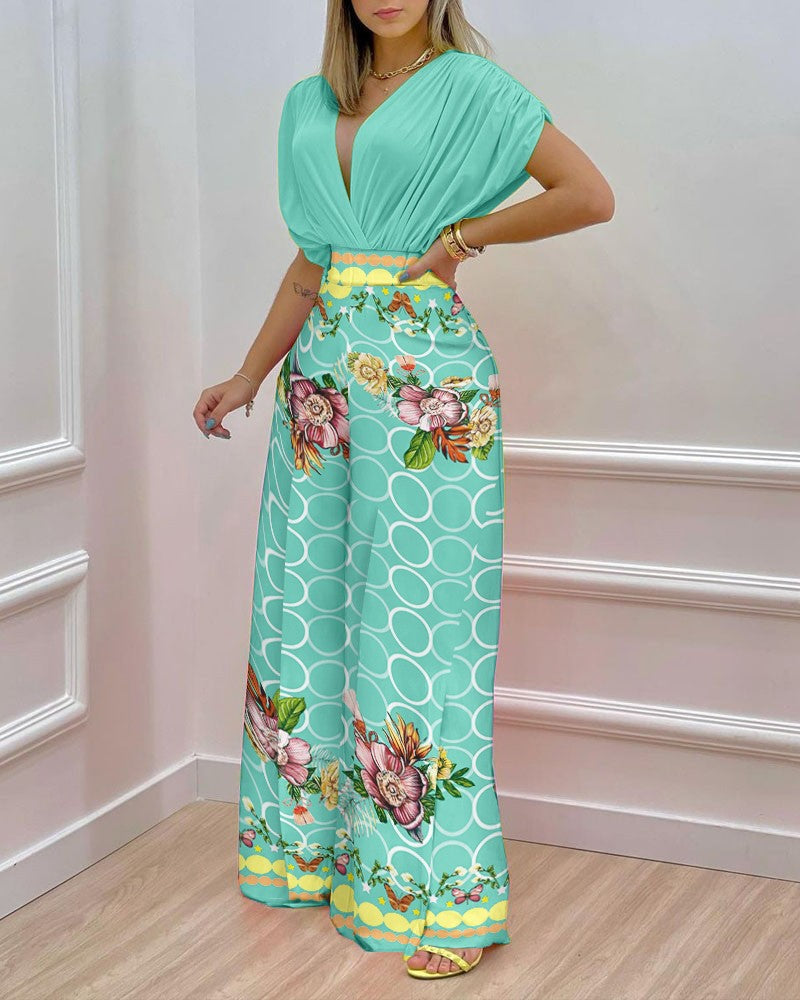 Women's Spring Summer Solid Bat Sleeves Top Print Wide Leg Pants Two-Piece Set 16