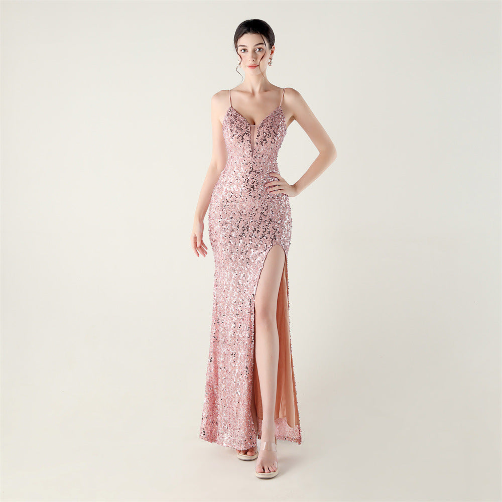 Women beaded tube sequin spaghetti strap cross lace-up evening slit evening dress 24