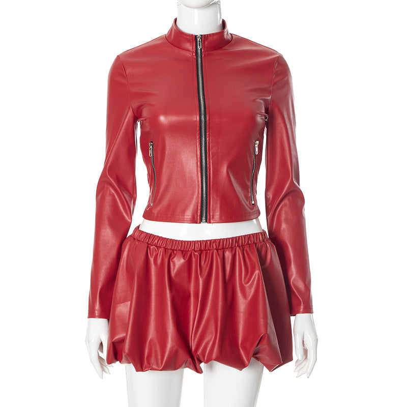 Women nightclub sexy pu Leather jacket Top flower bud SKirt Two Piece Set 6