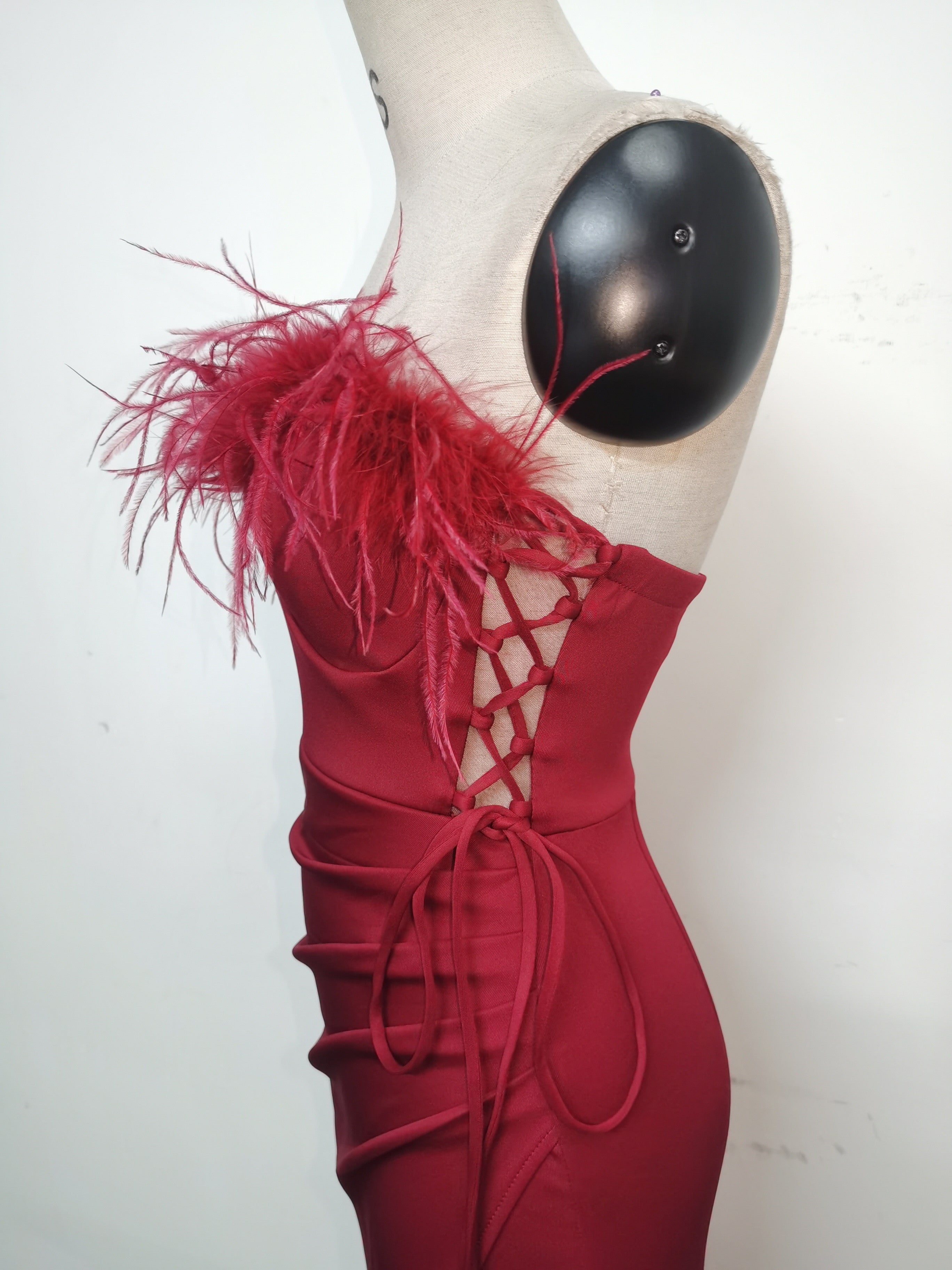 Feather Strap Slim Waist Solid Color Slit Evening Dress 29