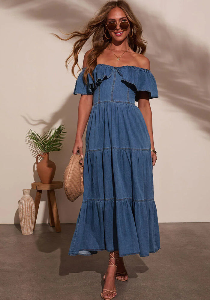 Women Round Neck Ruffle Denim Dress